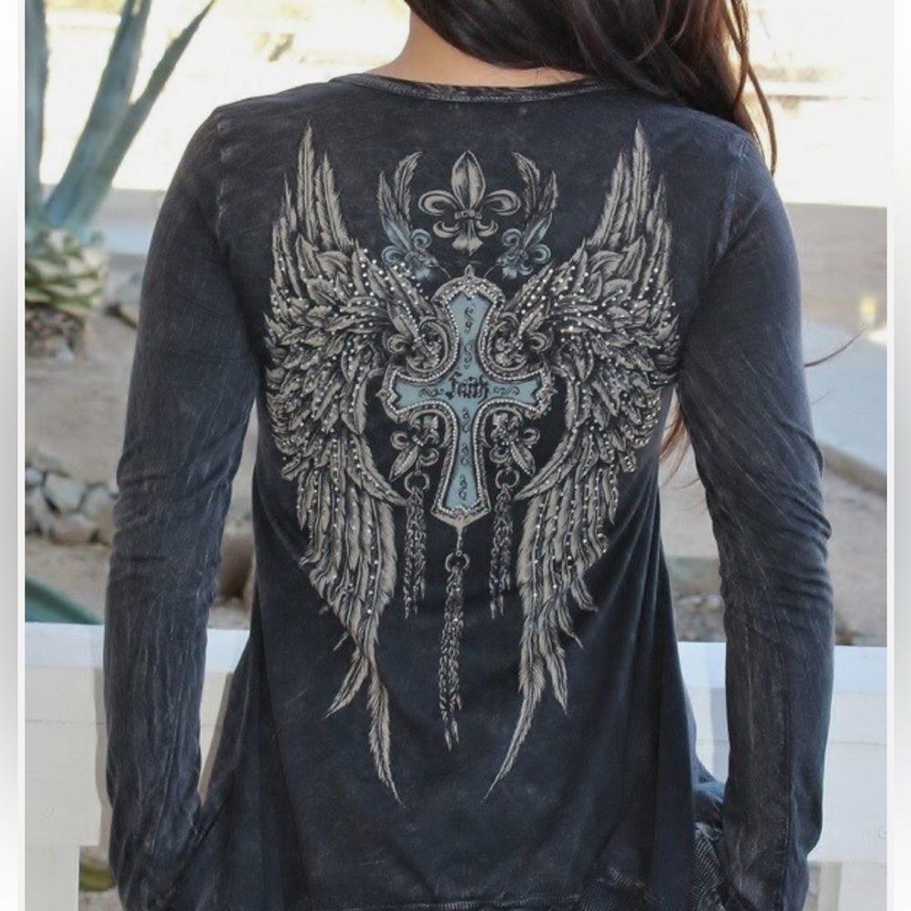 Vocal Black Long Sleeve Top with Silver Wing Design - Picture 3 of 9